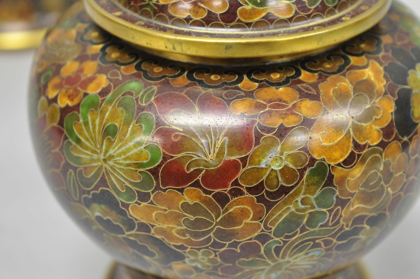 Vintage Cloisonné Chinese Small Enameled Brown Covered Ginger Jar on Stand, Pair