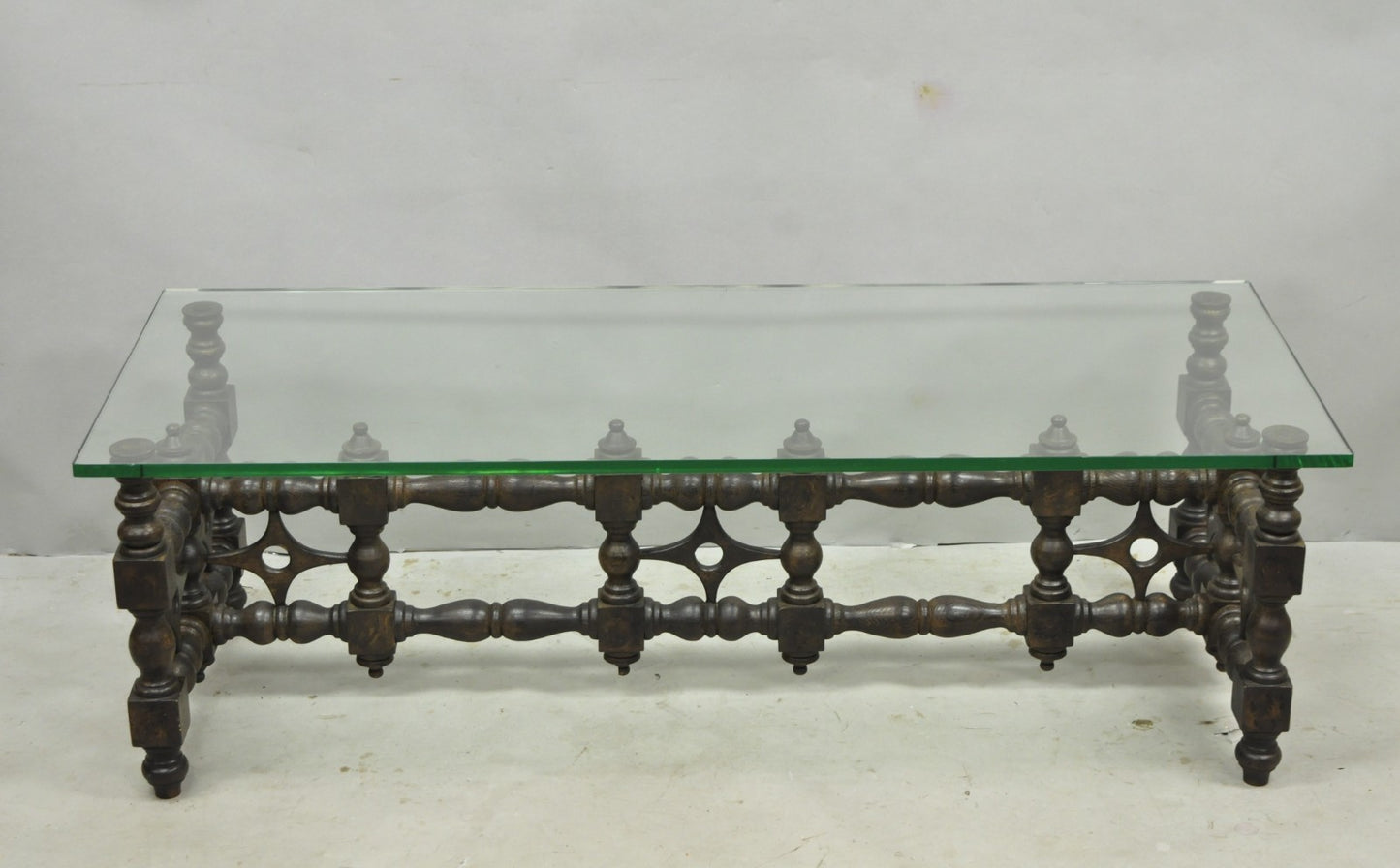 Vintage Gothic Renaissance Wooden Fretwork Rectangular Glass Top Coffee Table