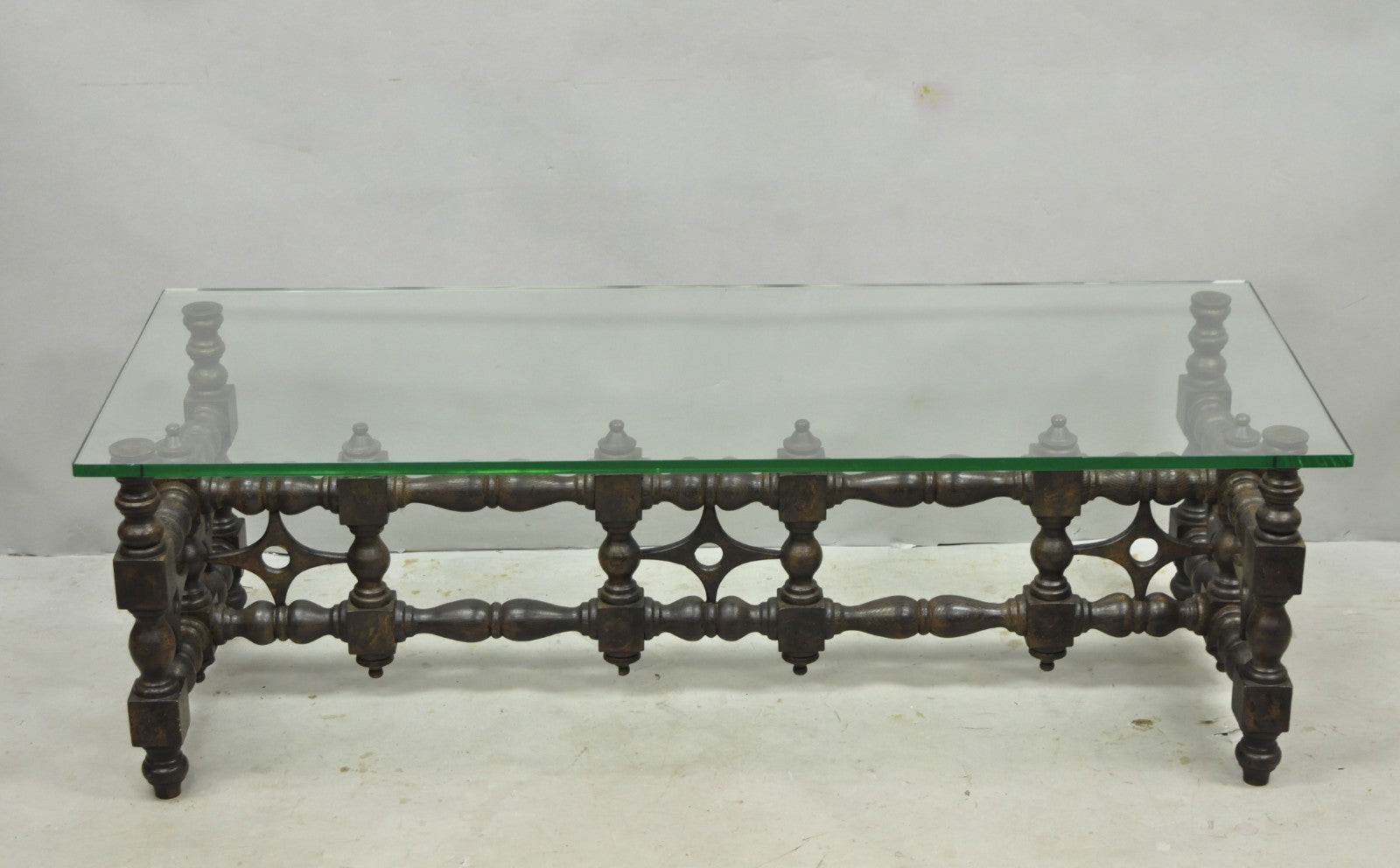 Vintage Gothic Renaissance Wooden Fretwork Rectangular Glass Top Coffee Table