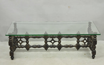 Vintage Gothic Renaissance Wooden Fretwork Rectangular Glass Top Coffee Table