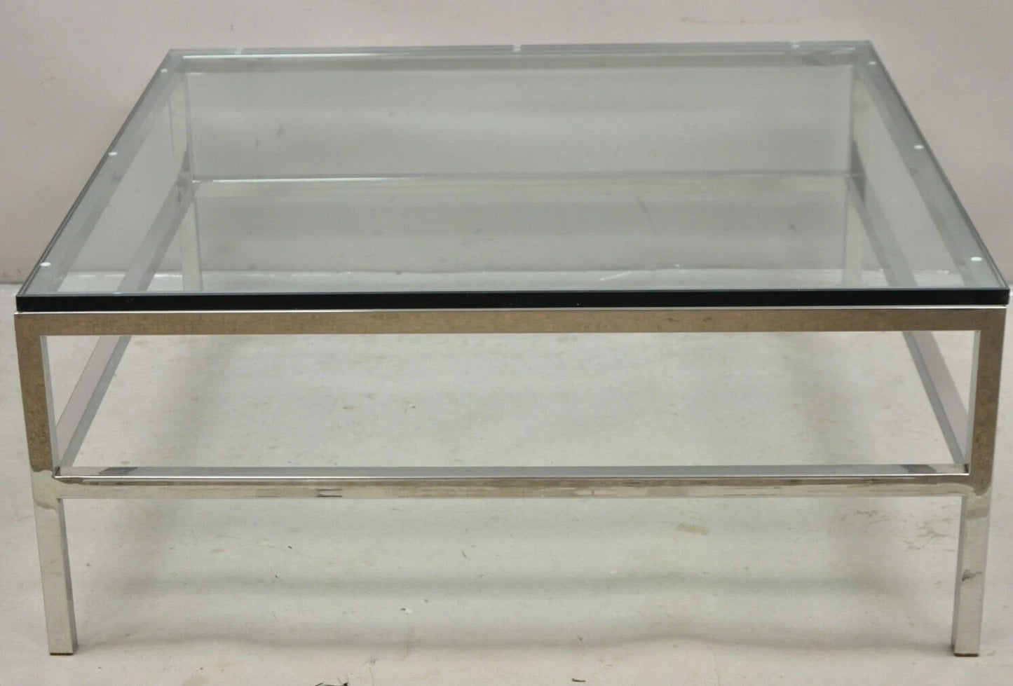 Vintage Mid Century Modern Milo Baughman Style Chrome Glass Square Coffee Table