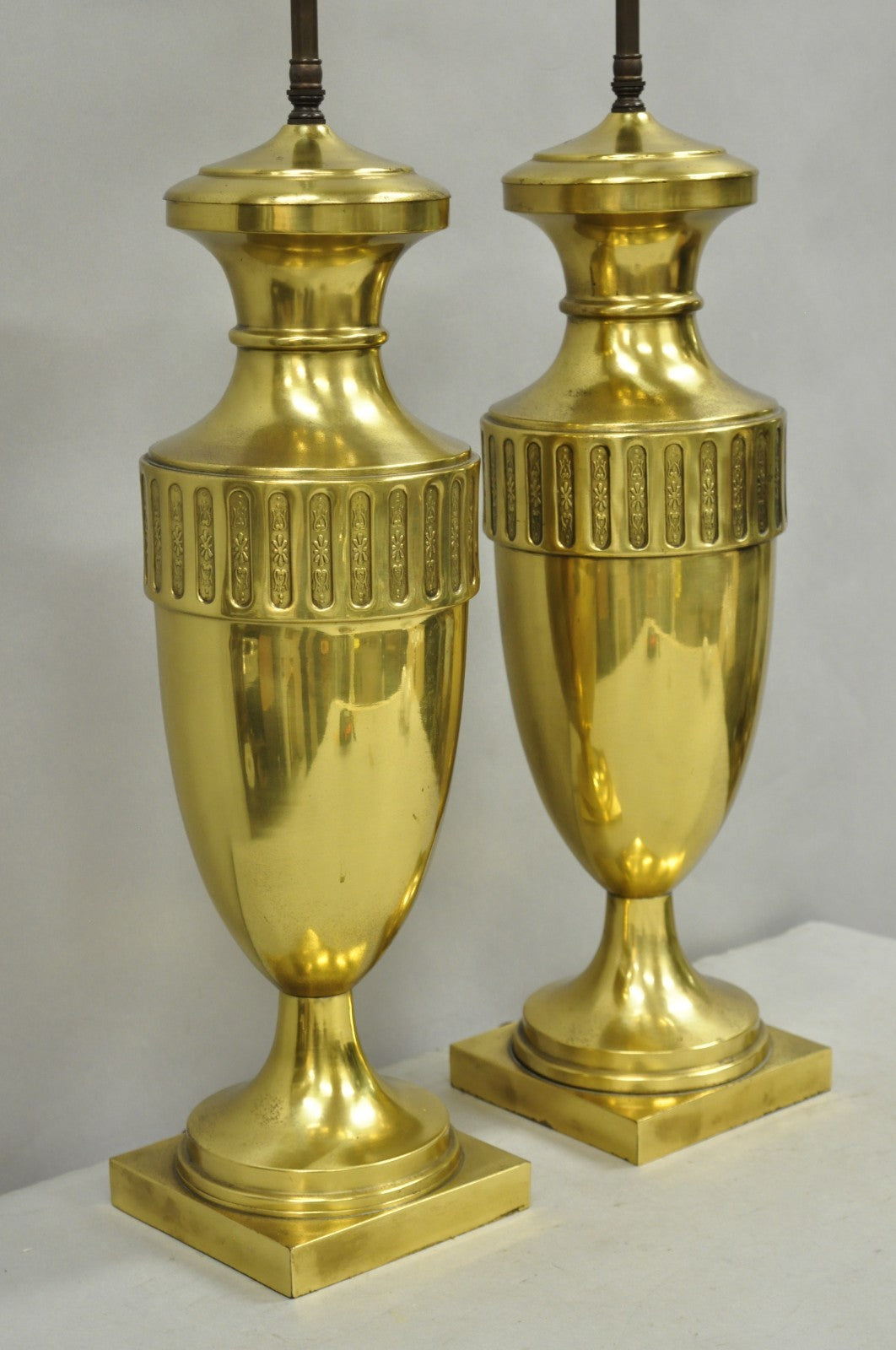 Vintage French Empire Neoclassical Gold Burnished Brass Urn Table Lamps - a Pair
