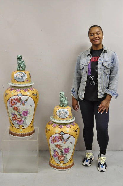 Vintage Chinese Porcelain Large Foo Dog Covered Temple Urns Ginger Jars - a Pair