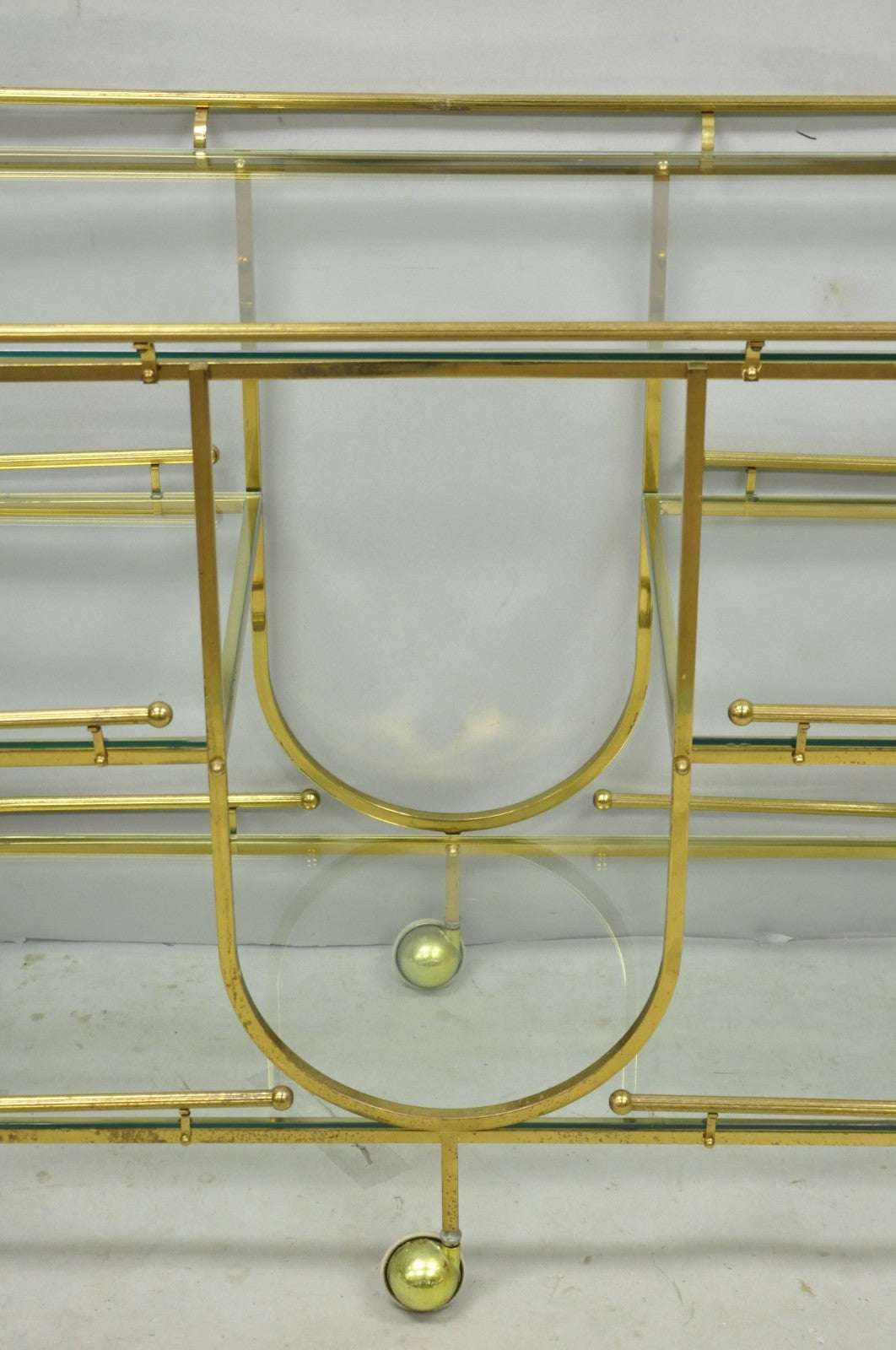 Vintage Mid Century Modern Brass 3 Tier Oval Frame Rolling Bar Cart Server Table