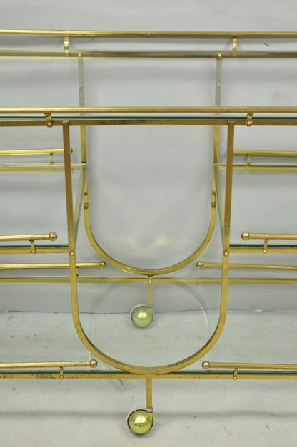 Vintage Mid Century Modern Brass 3 Tier Oval Frame Rolling Bar Cart Server Table