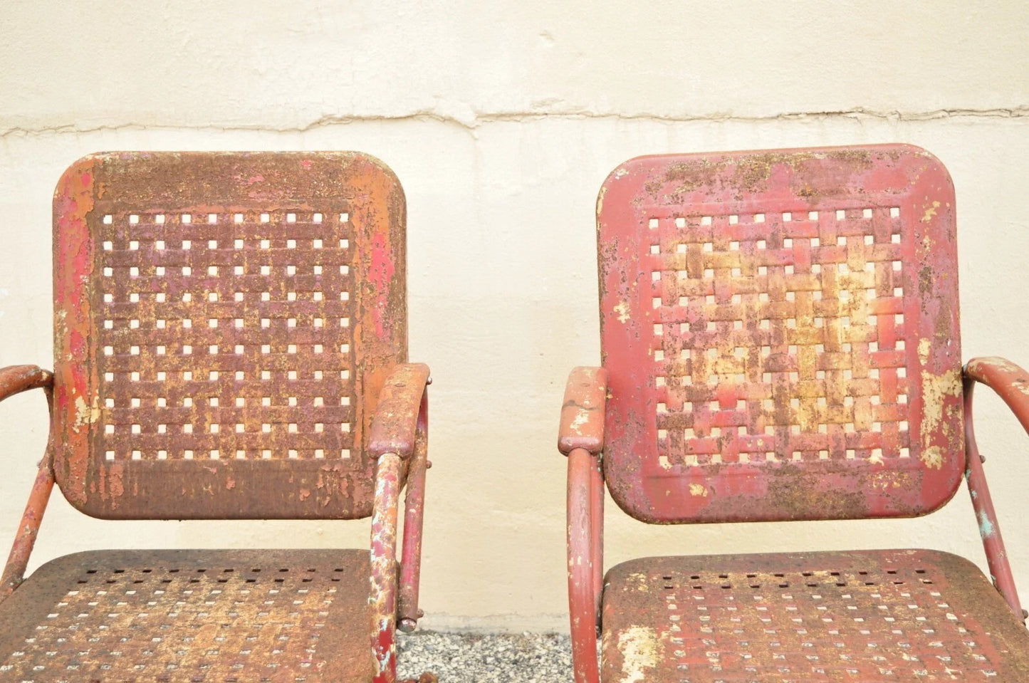 Antique Art Deco Basketweave Red Distress Paint Bouncer Garden Chairs - a Pair