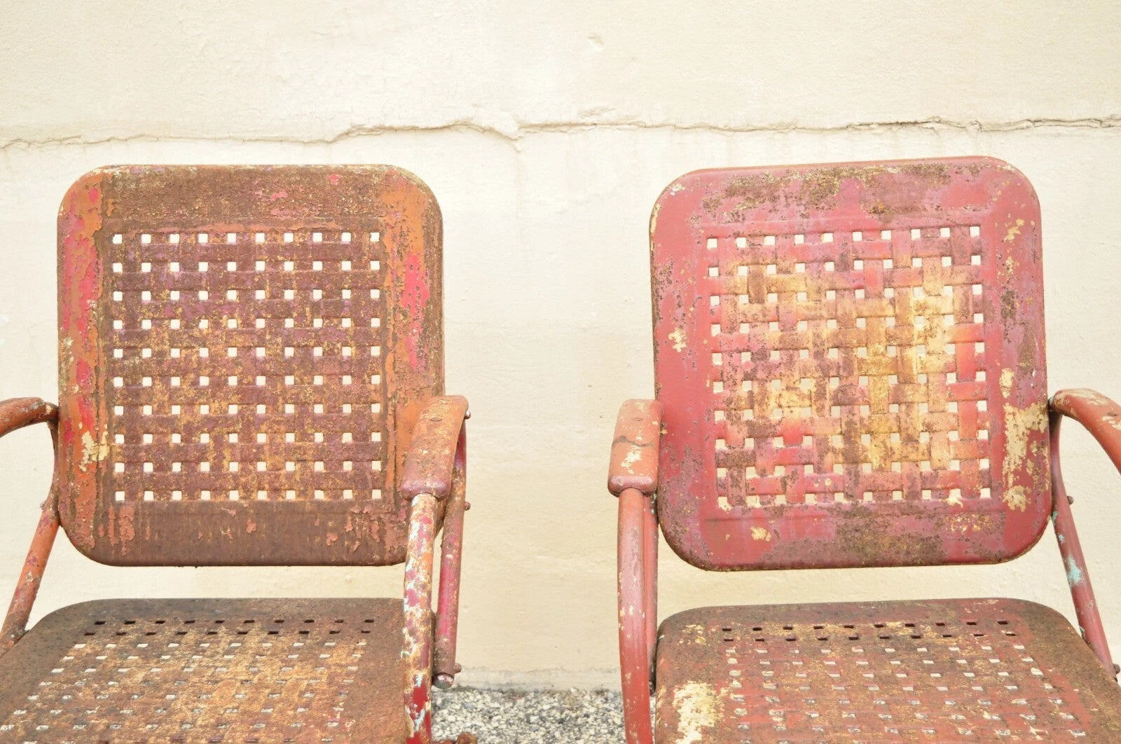 Antique Art Deco Basketweave Red Distress Paint Bouncer Garden Chairs - a Pair
