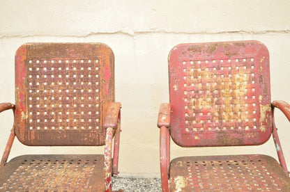 Antique Art Deco Basketweave Red Distress Paint Bouncer Garden Chairs - a Pair