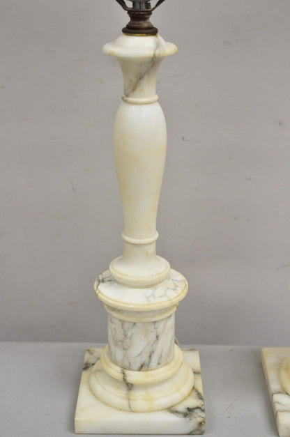 Vintage Italian Classical Carved White Marble Column Table Lamps - a Pair