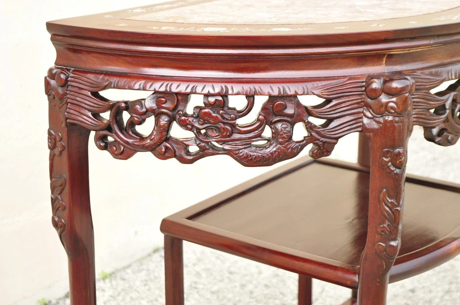 Vintage Oriental Chinese Carved Hardwood Demilune Marble Top Console Hall Table