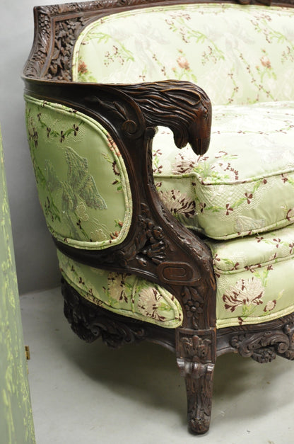 Antique Italian Renaissance Carved Walnut French Victorian Rams Head Green Sofa