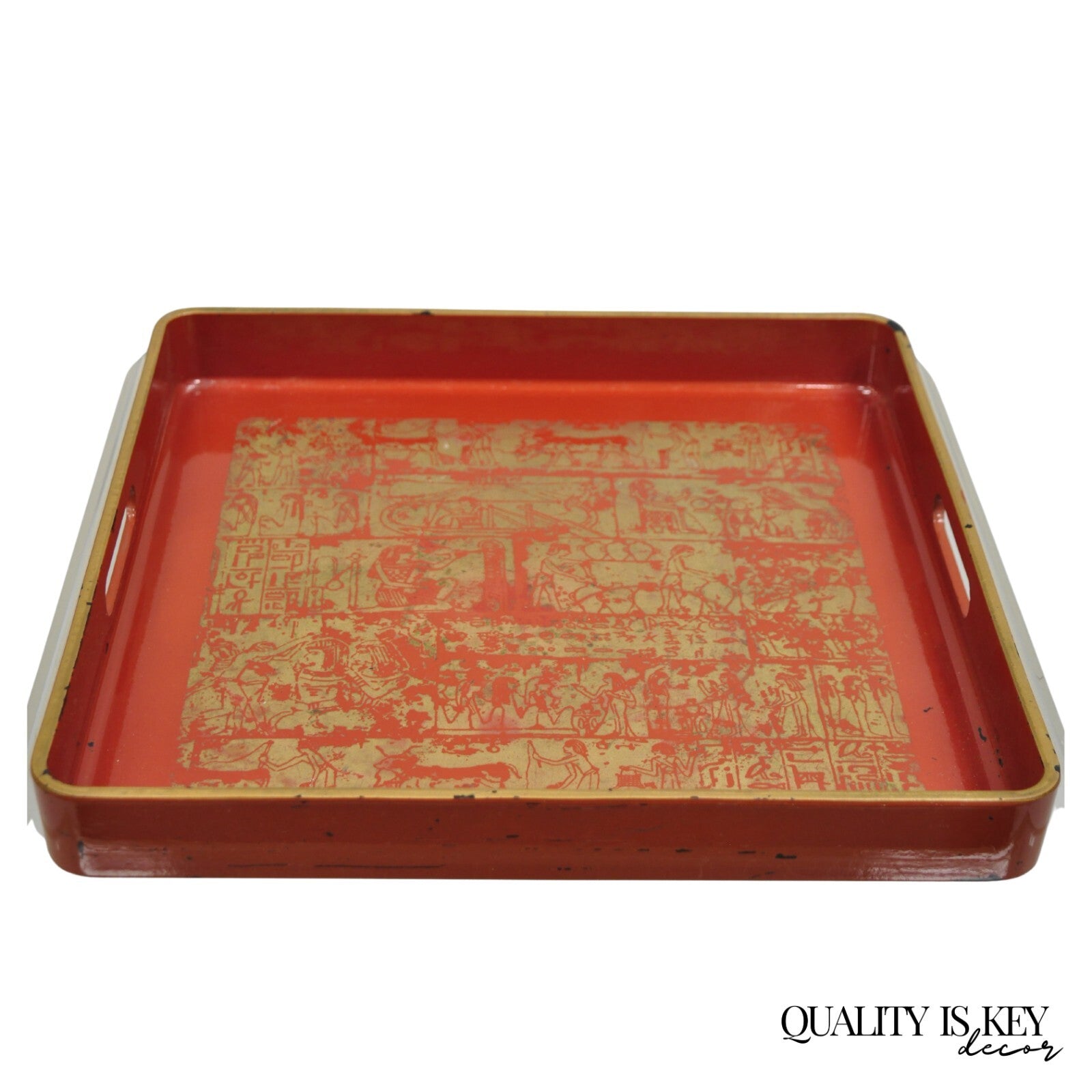 Red Lacquered Wood Ancient Egyptian Hieroglyphic Gold Papyrus Square Bar Tray