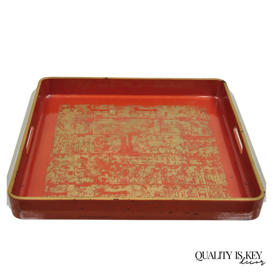 Red Lacquered Wood Ancient Egyptian Hieroglyphic Gold Papyrus Square Bar Tray