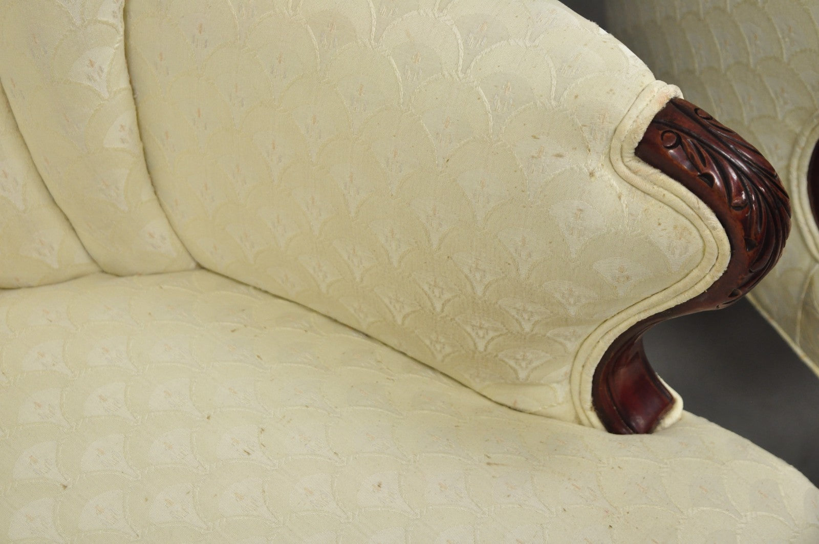 Vintage French Art Deco Style Channel Wingback Mahogany Lounge Arm Chairs - Pair