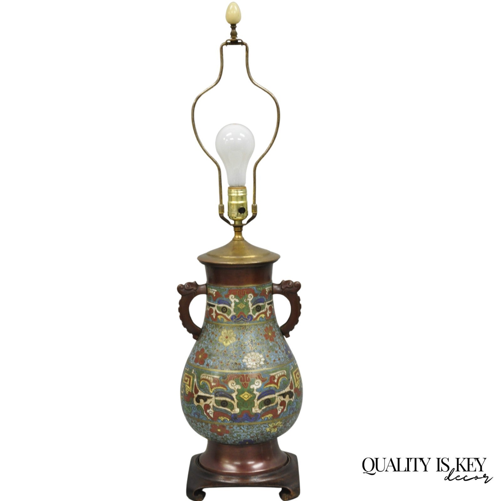 Antique Chinoiserie Blue Cloisonne Enamel Bronze Champleve Vase Table Lamp