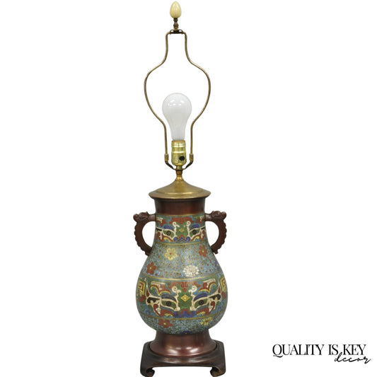 Antique Chinoiserie Blue Cloisonne Enamel Bronze Champleve Vase Table Lamp