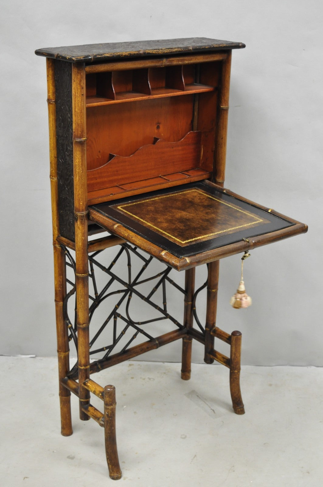 Antique English Victorian Bamboo Chinoiserie Compact Fall Front Secretary Desk