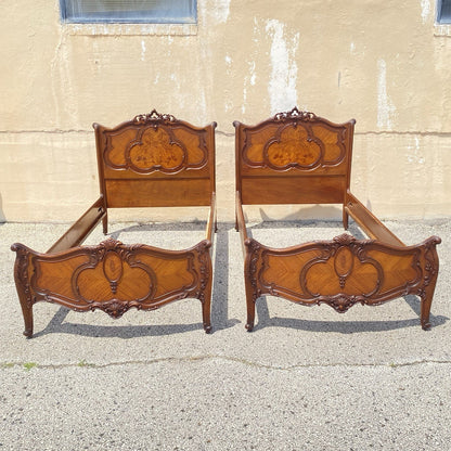 Antique French Louis XV Style Walnut Satinwood Inlay Twin Bed Frames - a Pair