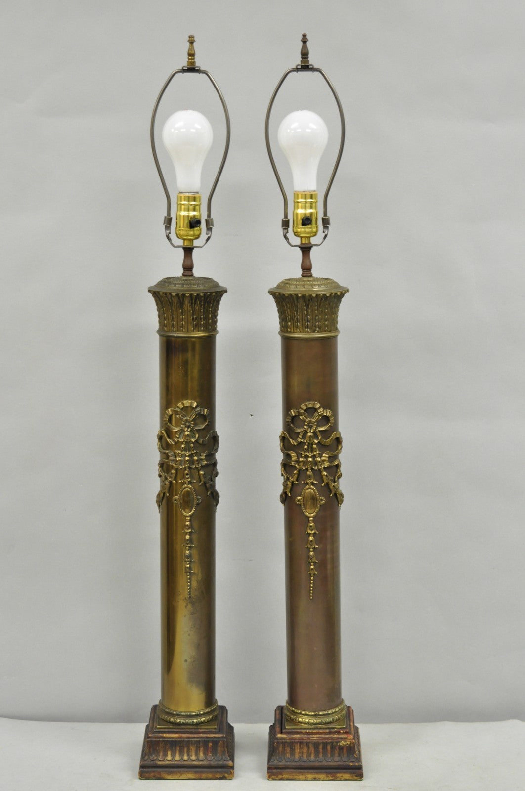 Antique French Empire Neoclassical Bronze Cylinder Tall Table Lamps - a Pair
