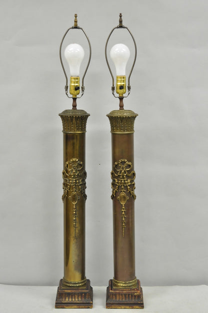 Antique French Empire Neoclassical Bronze Cylinder Tall Table Lamps - a Pair