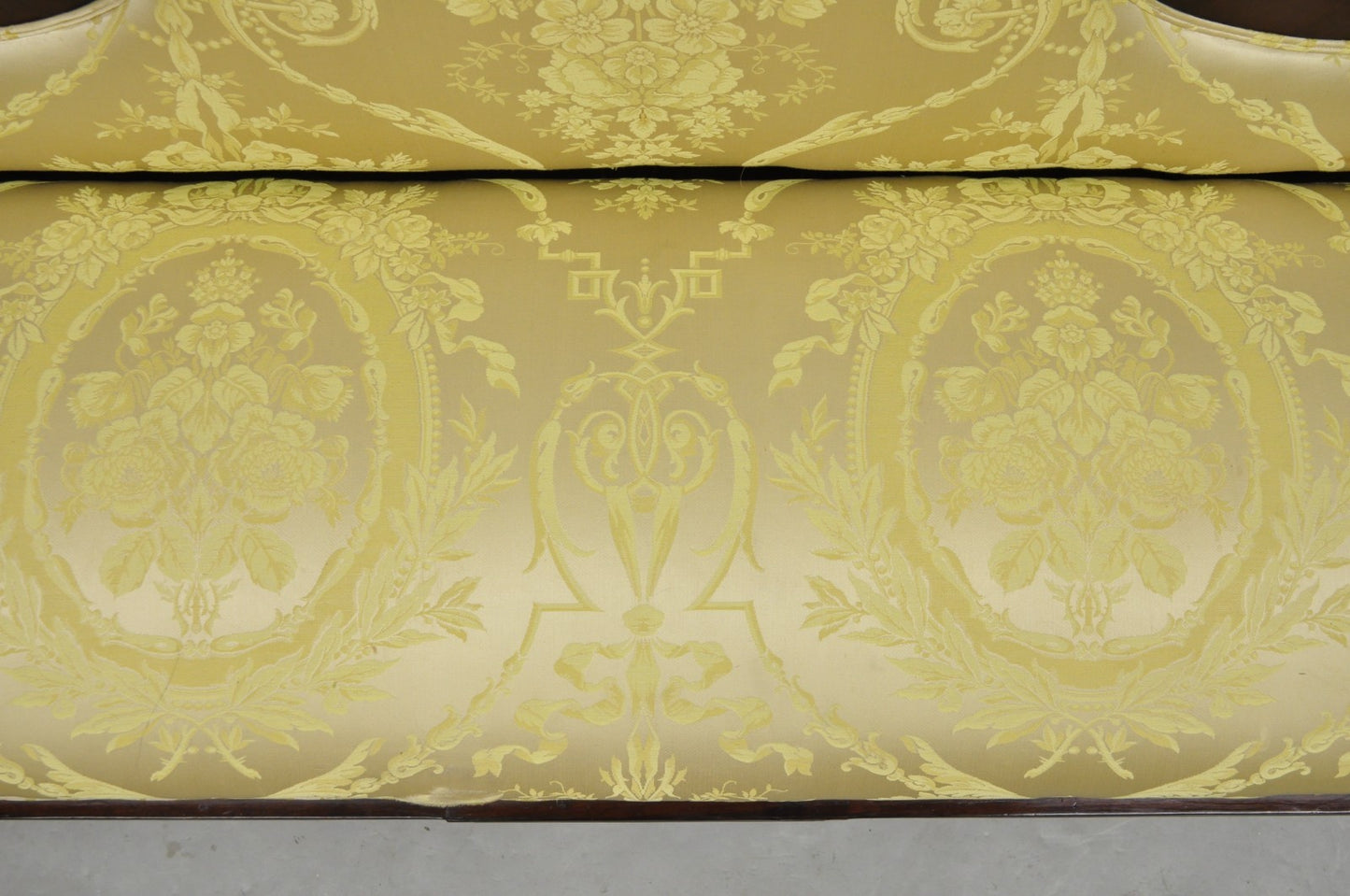 Antique American Empire Neoclassical Carved Mahogany Sofa with Gold Fabric