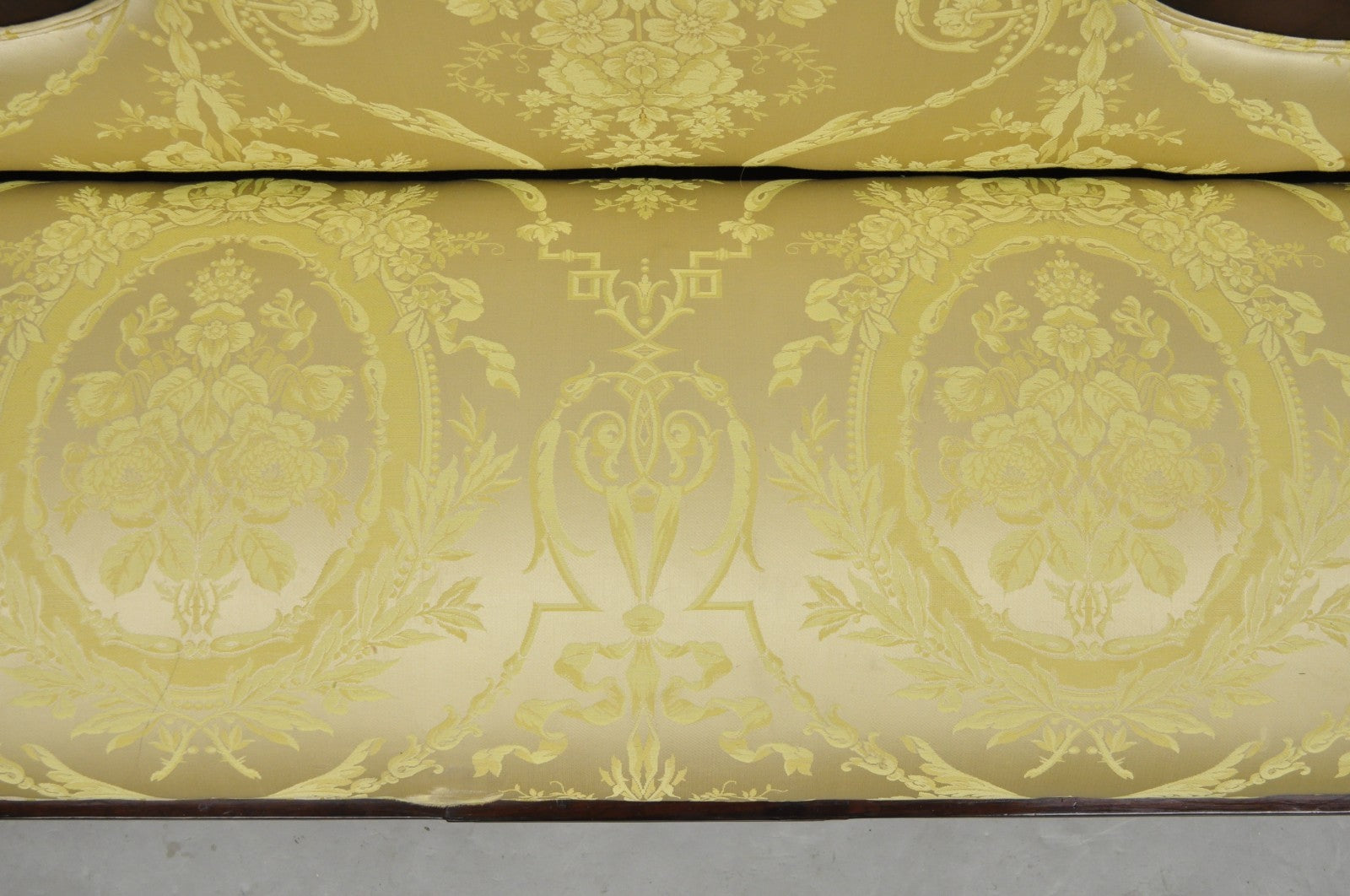 Antique American Empire Neoclassical Carved Mahogany Sofa with Gold Fabric