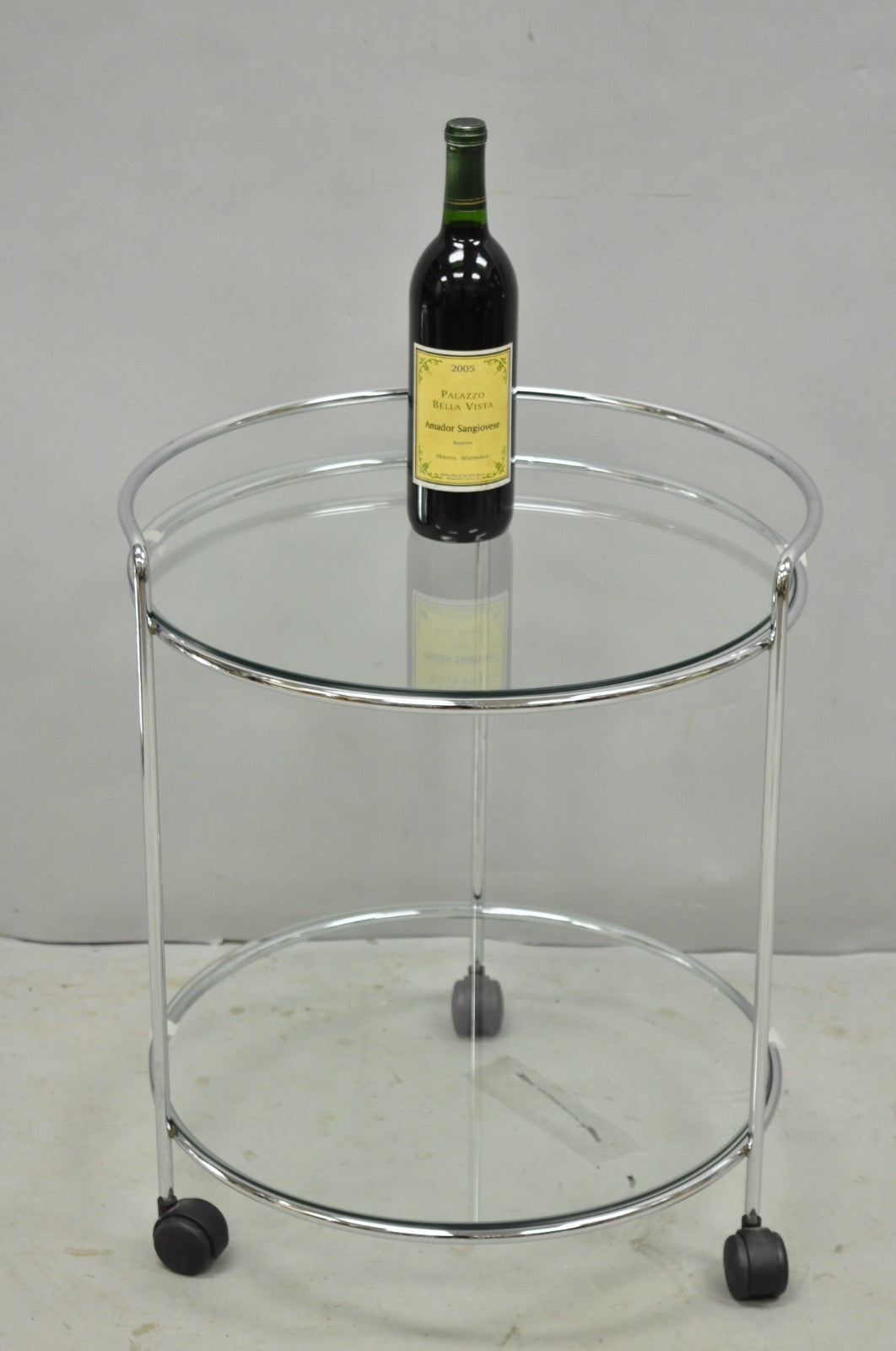 Vintage Mid Century Modern Chrome Round Glass 2 Tier Rolling Bar Cart Side Table