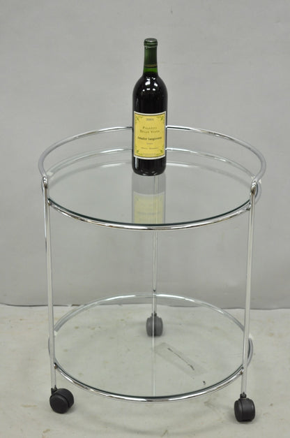 Vintage Mid Century Modern Chrome Round Glass 2 Tier Rolling Bar Cart Side Table