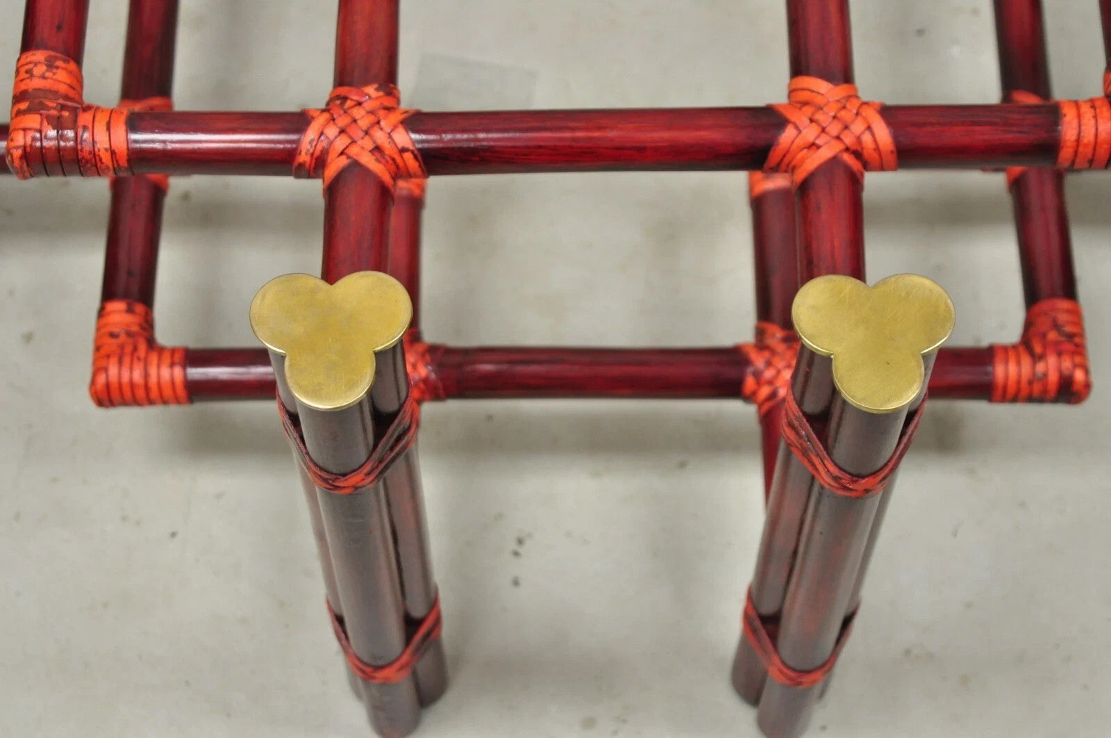 Vintage McGuire Red Rattan Bamboo and Brass Glass Top Square Coffee Table