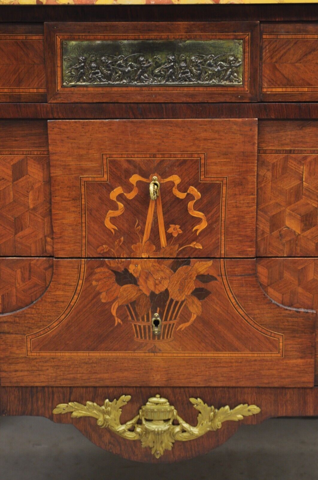 Antique French Louis XV Marquetry Inlay Marble Top Bronze Ormolu Commode Dresser