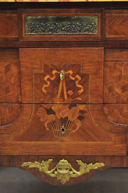 Antique French Louis XV Marquetry Inlay Marble Top Bronze Ormolu Commode Dresser