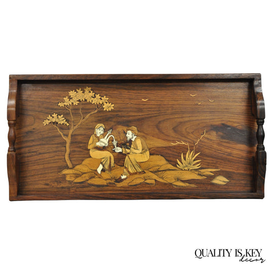 Vintage Anglo-Indian Marquetry Inlay Rosewood Twin Handle Serving Tray
