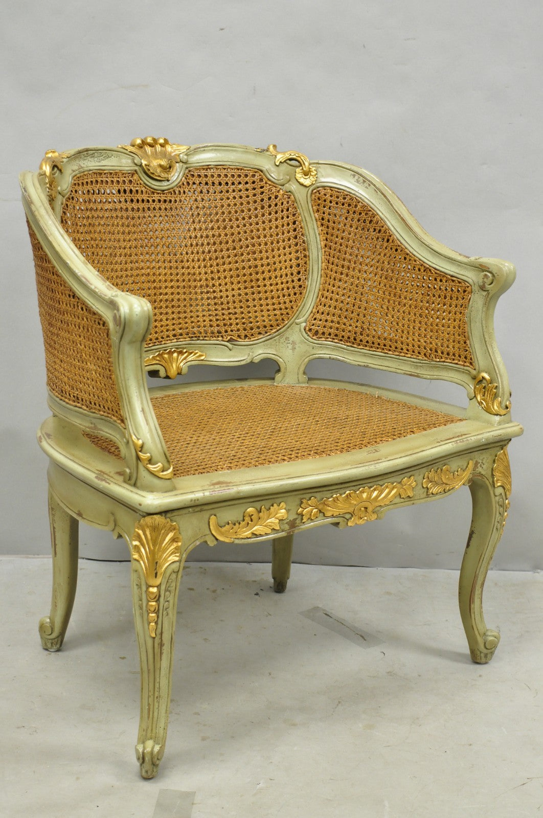 Vintage French Louis XV Style Green Painted Gold Gilt Cane Bergere Arm Chair