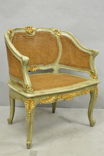 Vintage French Louis XV Style Green Painted Gold Gilt Cane Bergere Arm Chair