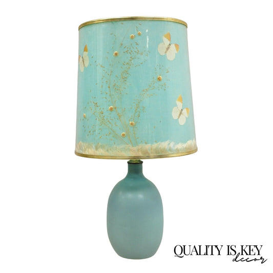 Walter Van Briggle Turquoise Blue Bulbous Pottery Table Lamp w/ Butterfly Shade