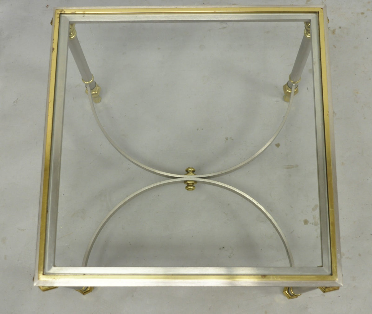Vintage French Directoire Maison Jansen Style Steel Brass Low Square Side Table
