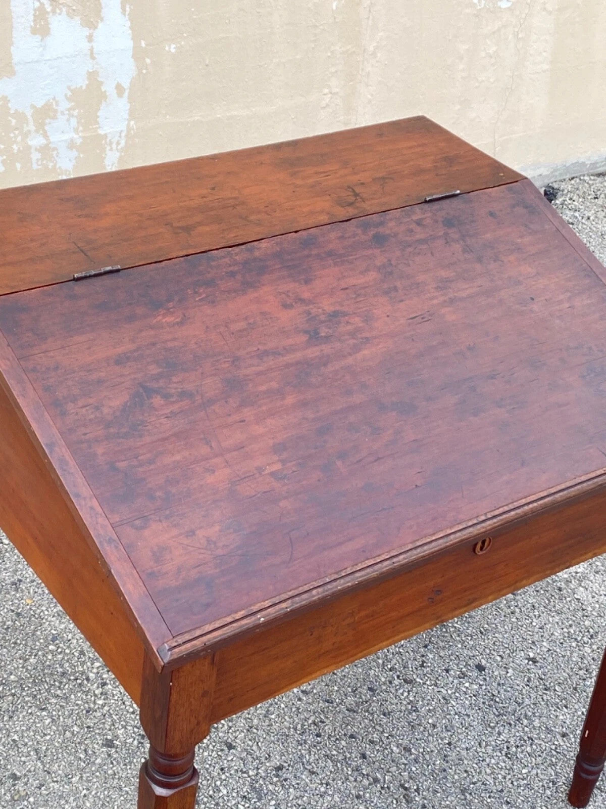 Antique Primitive Colonial Cherry Wood & Walnut Tall Schoolmasters Desk Table