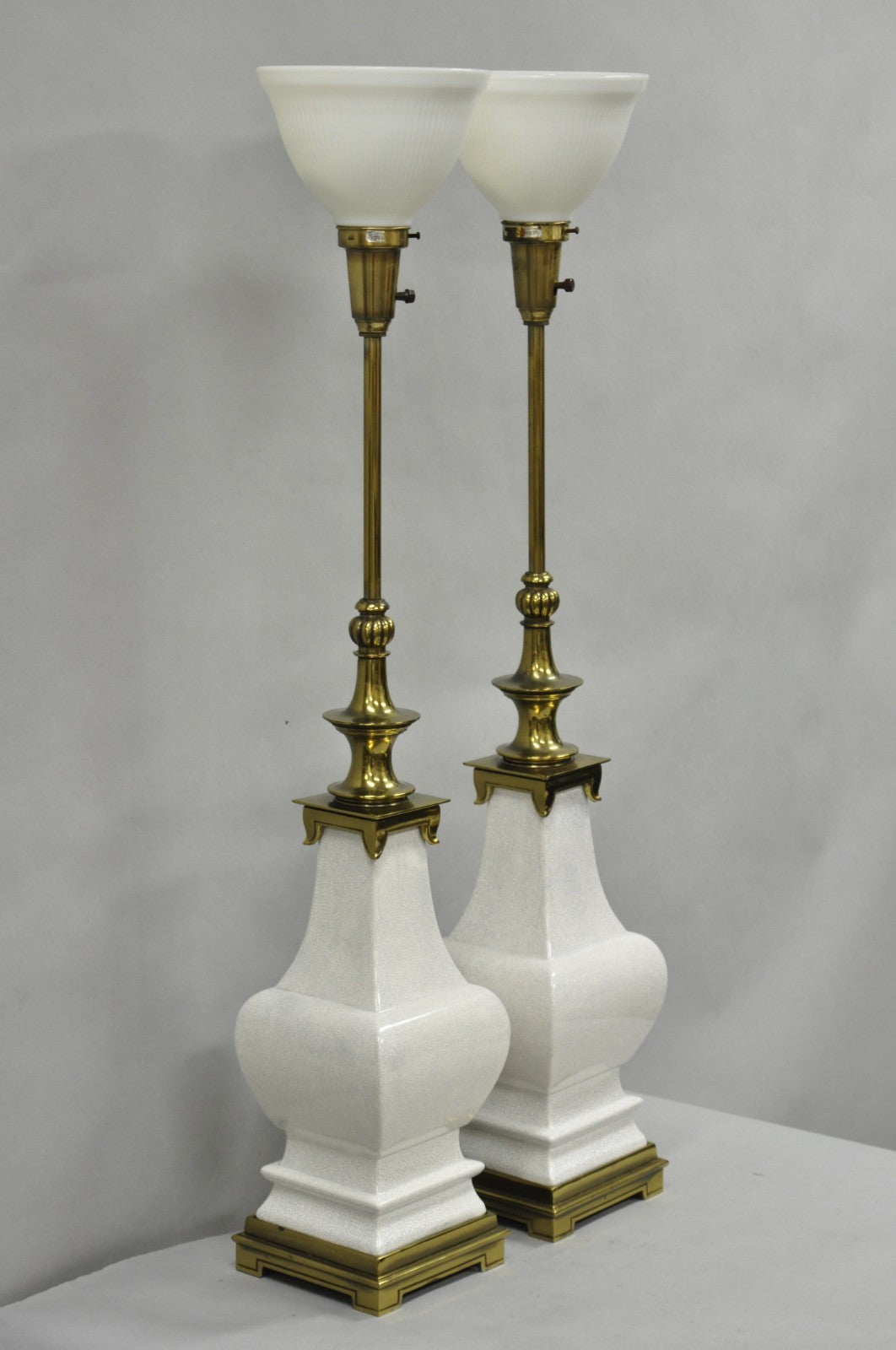 Stiffel Hollywood Regency Tall Crackle Glazed Ceramic & Brass Table Lamps a Pair