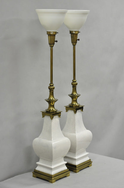 Stiffel Hollywood Regency Tall Crackle Glazed Ceramic & Brass Table Lamps a Pair