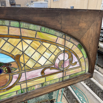 Antique Art Nouveau Colored Stained Glass Fruit 27 x 75 Arched Transom Window, B