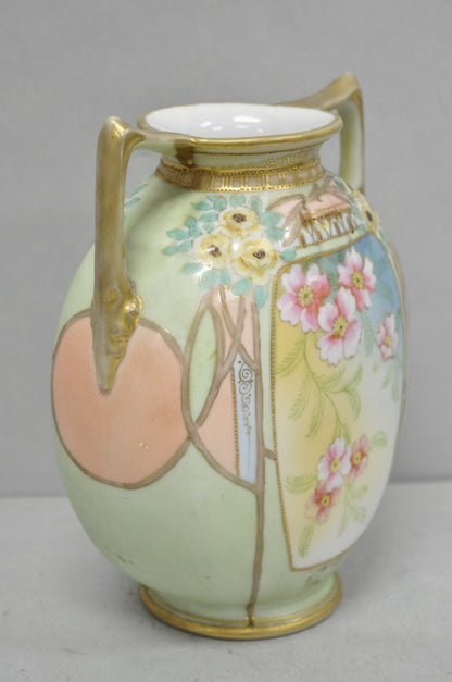 Antique Nippon Art Nouveau Hand Painted Porcelain Pink Flower Twin Handle Vase
