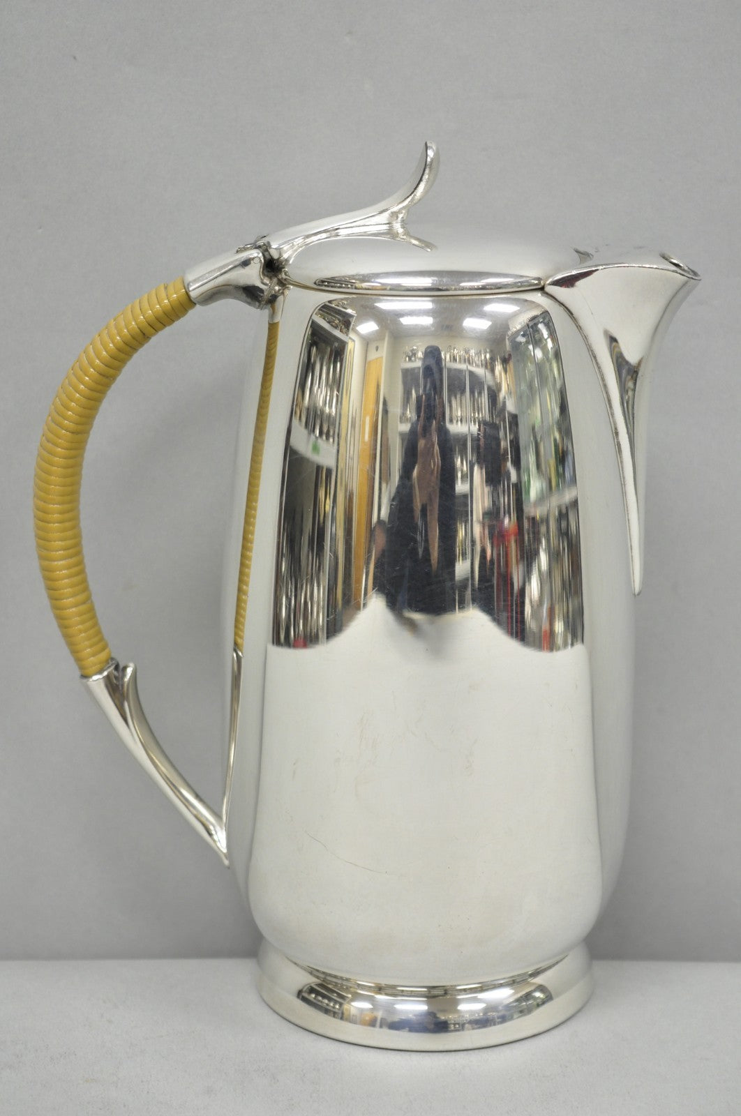 Amston Mid Century Modern Silver Plated Rattan Wicker Handle Coffee Pot Pitcher