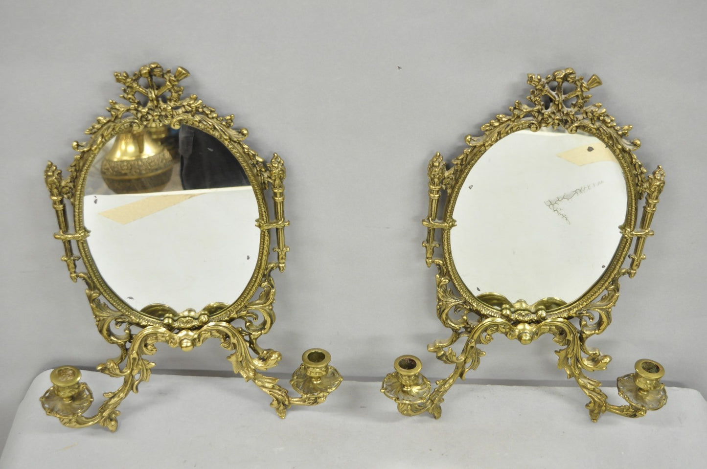 Antique French Rococo Louis XV Brass Oval Mirror Candelabra Wall Sconces - Pair