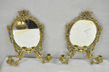 Antique French Rococo Louis XV Brass Oval Mirror Candelabra Wall Sconces - Pair
