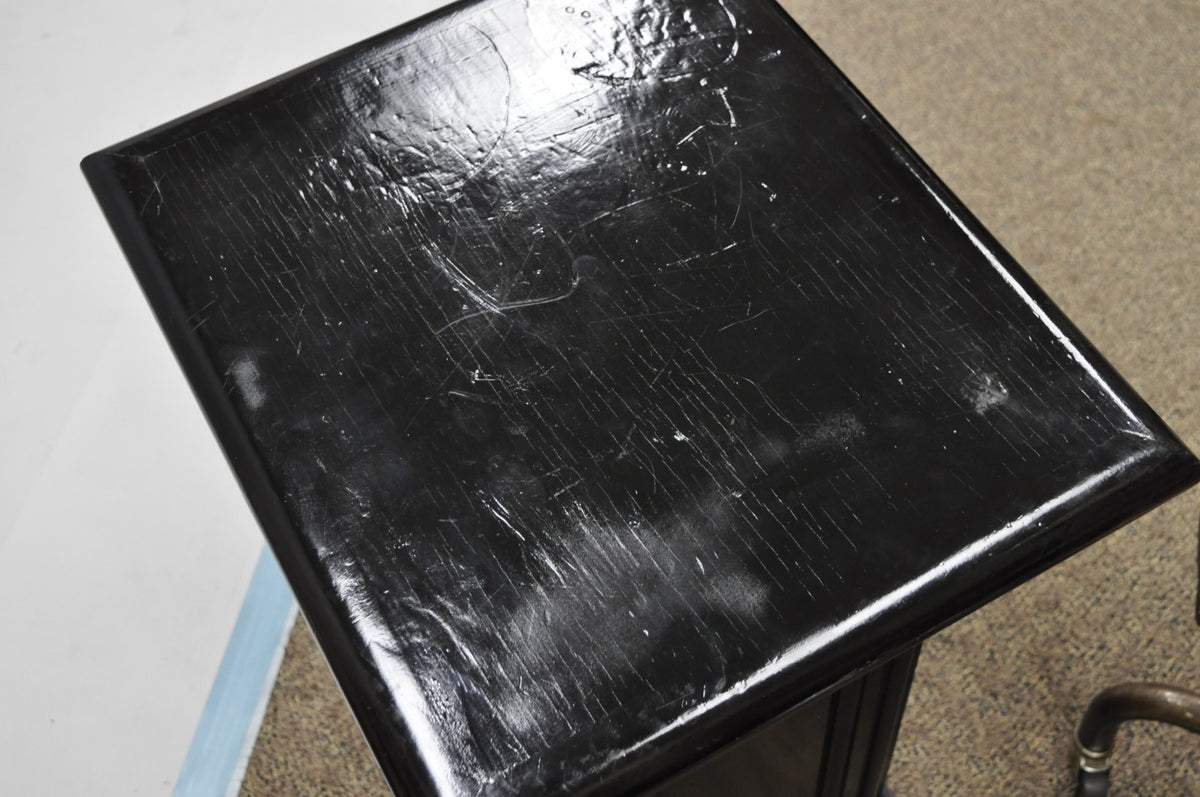 Vintage French Empire Style Black Lacquer Painted Pedestal Column End Table Pair