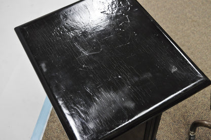 Vintage French Empire Style Black Lacquer Painted Pedestal Column End Table Pair