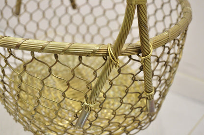 Vintage Solid Brass Wire Metal Hollywood Regency Hand Woven Basket With Handle