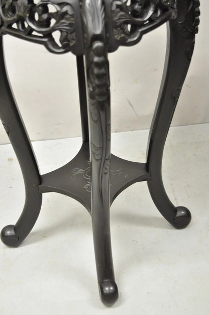 Japanese Carved Wood Black Ebonized 28" Plant Stand Lacquer Top Side Table