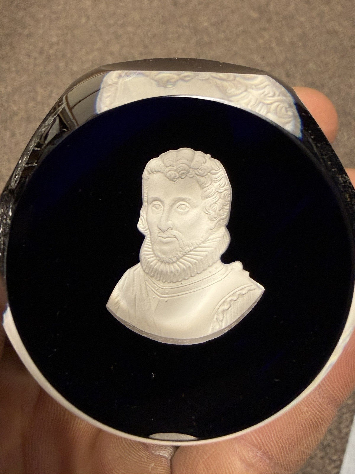 Cristal D'Albret France Christopher Columbus Sulphide Paperweight Faceted Blue