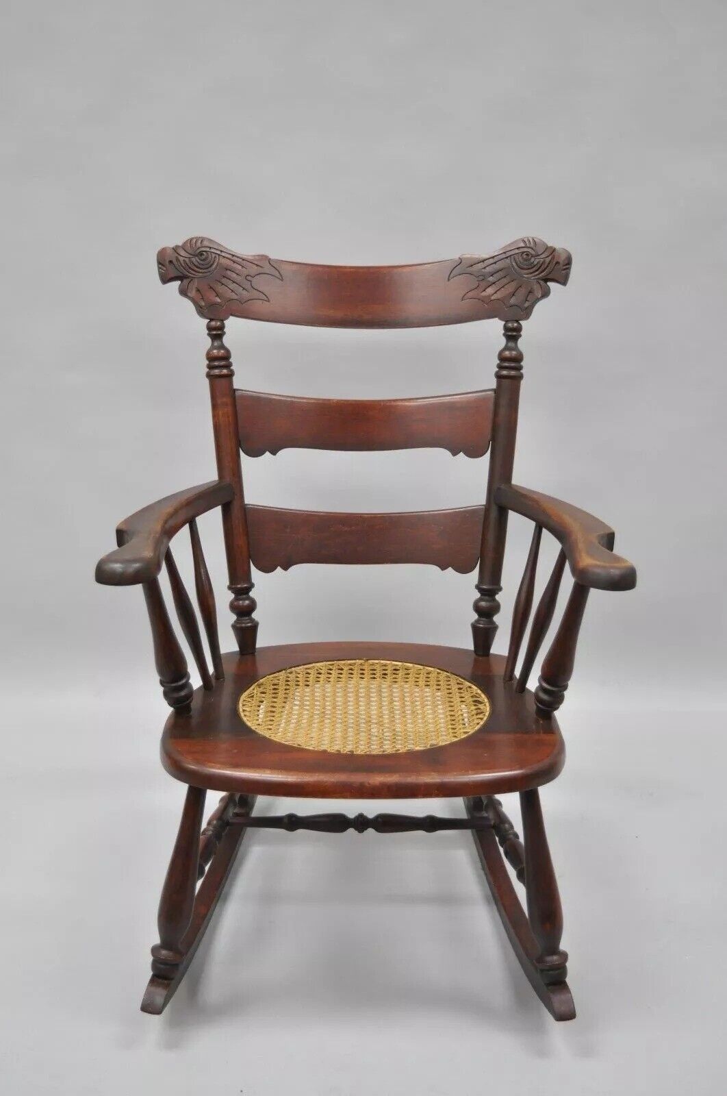 Antique Victorian Carved Mahogany Figural Eagle Cane Seat Rocker Rocking Chair